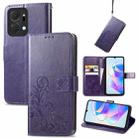 For Honor X7a Four-leaf Clasp Embossed Buckle Leather Phone Case(Purple) - 1