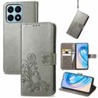 For Honor X8A Four-leaf Clasp Embossed Buckle Leather Phone Case(Gray) - 1