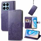 For Honor X8A Four-leaf Clasp Embossed Buckle Leather Phone Case(Purple) - 1