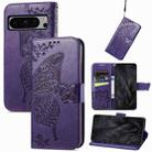 For Google Pixel 8 Pro Butterfly Love Flower Embossed Leather Phone Case(Dark Purple) - 1