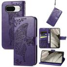 For Google Pixel 8 Butterfly Love Flower Embossed Leather Phone Case(Dark Purple) - 1