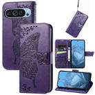 For Google Pixel 9 Butterfly Love Flower Embossed Leather Phone Case(Dark Purple) - 1