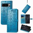 For Google Pixel 8 Pro Cute Cat and Dog Embossed Leather Phone Case(Blue) - 1