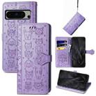 For Google Pixel 8 Pro Cute Cat and Dog Embossed Leather Phone Case(Purple) - 1