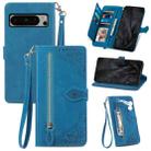 For Google Pixel 8 Pro Embossed Flower Zipper Leather Phone Case(Blue) - 1