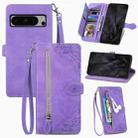 For Google Pixel 8 Pro Embossed Flower Zipper Leather Phone Case(Purple) - 1