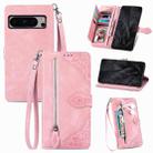 For Google Pixel 8 Pro Embossed Flower Zipper Leather Phone Case(Pink) - 1