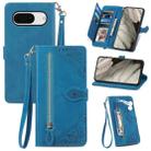 For Google Pixel 8 Embossed Flower Zipper Leather Phone Case(Blue) - 1