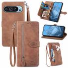 For Google Pixel 9 Pro Embossed Flower Zipper Leather Phone Case(Brown) - 1