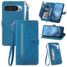 For Google Pixel 9 Pro Embossed Flower Zipper Leather Phone Case(Blue) - 1