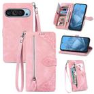 For Google Pixel 9 Pro Embossed Flower Zipper Leather Phone Case(Pink) - 1