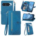 For Google Pixel 9 Embossed Flower Zipper Leather Phone Case(Blue) - 1