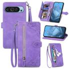 For Google Pixel 9 Embossed Flower Zipper Leather Phone Case(Purple) - 1