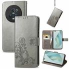 For Honor Magic5 Pro Four-leaf Clasp Embossed Buckle Leather Phone Case(Gray) - 1