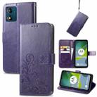 For Motorola Moto E13 Four-leaf Clasp Embossed Buckle Leather Phone Case(Purple) - 1