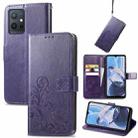 For Motorola Moto E22 4G Four-leaf Clasp Embossed Buckle Leather Phone Case(Purple) - 1