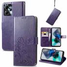 For Motorola Moto G23 Four-leaf Clasp Embossed Buckle Leather Phone Case(Purple) - 1