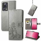For Xiaomi 13 Lite Four-leaf Clasp Embossed Buckle Leather Phone Case(Gray) - 1
