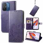 For Xiaomi Redmi 12C Four-leaf Clasp Embossed Buckle Leather Phone Case(Purple) - 1