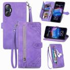 For Tecno Pova Neo 5G Embossed Flower Zipper Leather Phone Case(Purple) - 1