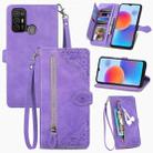 For ZTE Blade A52 Embossed Flower Zipper Leather Phone Case(Purple) - 1