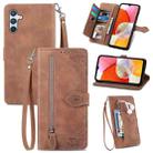 For Samsung Galaxy A14 4G Embossed Flower Zipper Leather Phone Case(Brown) - 1