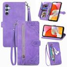 For Samsung Galaxy A14 4G Embossed Flower Zipper Leather Phone Case(Purple) - 1