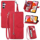 For Samsung Galaxy A14 4G Embossed Flower Zipper Leather Phone Case(Red) - 1