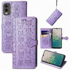 For Nokia C32 Cat and Dog Embossed Leather Phone Case(Purple) - 1