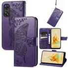 For OPPO Reno8 T 4G Butterfly Love Flower Embossed Leather Phone Case(Purple) - 1