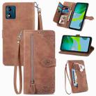 For Motorola Moto E13 Embossed Flower Zipper Leather Phone Case(Brown) - 1