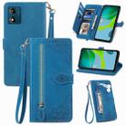 For Motorola Moto E13 Embossed Flower Zipper Leather Phone Case(Blue) - 1