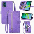 For Motorola Moto E13 Embossed Flower Zipper Leather Phone Case(Purple) - 1