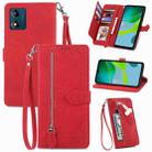 For Motorola Moto E13 Embossed Flower Zipper Leather Phone Case(Red) - 1