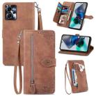 For Motorola Moto G23 Embossed Flower Zipper Leather Phone Case(Brown) - 1