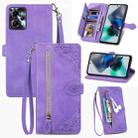 For Motorola Moto G23 Embossed Flower Zipper Leather Phone Case(Purple) - 1