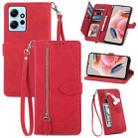 For Redmi Note 12 4G Global Embossed Flower Zipper Leather Phone Case(Red) - 1