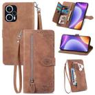 For Redmi Note 12 Turbo Embossed Flower Zipper Leather Phone Case(Brown) - 1