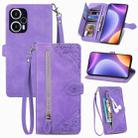 For Redmi Note 12 Turbo Embossed Flower Zipper Leather Phone Case(Purple) - 1