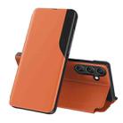 For Samsung Galaxy M14 Side Display Adsorption Leather Phone Case(Orange) - 1
