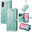 For Samsung Galaxy A24 4G Cute Cat and Dog Embossed Flip Leather Phone Case(Green) - 1