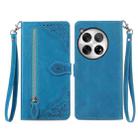 For OnePlus 12 Embossed Flower Zipper Leather Phone Case(Blue) - 1