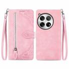 For OnePlus 12 Embossed Flower Zipper Leather Phone Case(Pink) - 1