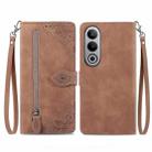 For OnePlus Nord CE 4 Embossed Flower Zipper Leather Phone Case(Brown) - 1