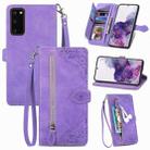For Samsung Galaxy S20 Embossed Flower Zipper Leather Phone Case(Purple) - 1