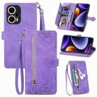 For Xiaomi POCO F5 Embossed Flower Zipper Leather Phone Case(Purple) - 1
