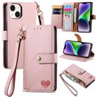 For iPhone 14 Love Zipper Lanyard Leather Phone Case(Pink) - 1