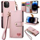 For iPhone 14 Pro Love Zipper Lanyard Leather Phone Case(Pink) - 1