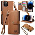 For iPhone 14 Pro Love Zipper Lanyard Leather Phone Case(Brown) - 1