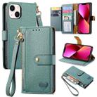 For iPhone 13 Love Zipper Lanyard Leather Phone Case(Green) - 1